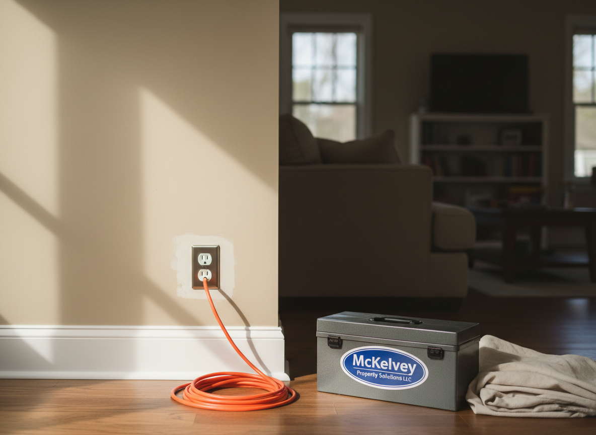 A freshly repaired living room interior in photographic realism, featuring a perfectly patched and repainted wall in warm neutral tones, crisp white baseboards, and a newly installed brushed-nickel outlet cover aligned precisely. The scene includes a neatly coiled orange extension cord, a closed toolbox with the McKelvey Property Solutions LLC logo, and a folded drop cloth stacked in a corner. Natural afternoon light streams through an off-frame window, creating soft highlights on the smooth wall surface and clean trim. Shot from a slightly elevated angle with medium depth of field, the composition emphasizes the flawless repair while keeping the rest of the room softly blurred. The atmosphere feels tidy, professional, and reassuring, ideal for a home technician expert service website hero image.