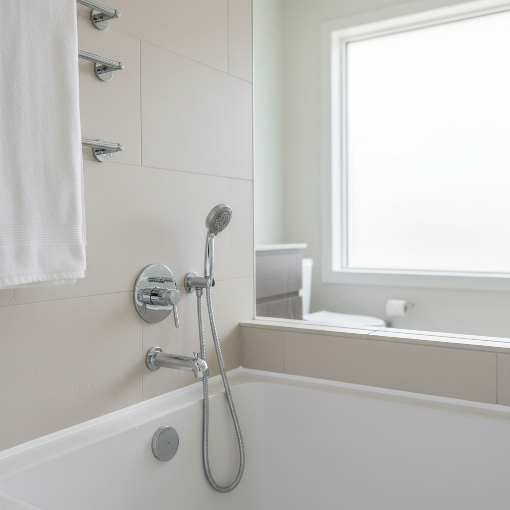 A pristine bathroom scene in photographic realism showcasing recent home technician expert improvements: a flawlessly recaulked white bathtub edge, newly installed chrome shower fixtures aligned perfectly, and freshly tightened, level towel bars on a smooth, light-gray painted wall. Water droplets bead naturally on the tub surface, adding a subtle sense of real use. Bright, diffused daylight from a frosted window illuminates the space evenly, lending soft, clean highlights to the metal hardware and glossy tile. Shot at eye level with medium depth of field, the composition keeps the fixtures in sharp focus while gently blurring the far end of the bathroom. The atmosphere is sanitary, orderly, and professionally maintained, emphasizing reliable quality repair and maintenance services.