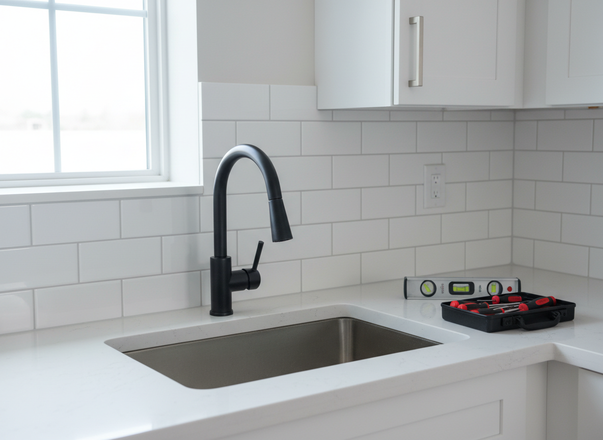 A bright, renovated kitchen corner in photographic realism, highlighting a perfectly aligned backsplash of subway tiles, a smoothly caulked seam between countertop and wall, and a freshly installed matte-black faucet centered over a stainless-steel sink. A small open toolbox rests on the counter with neatly arranged screwdrivers and a level, all spotless and orderly. Cool, even daylight from a nearby window reflects gently off the tiles and metal, creating crisp but soft-edged shadows. Captured at counter-height, the composition uses the rule of thirds to keep the faucet and backsplash as focal points, with the background cabinets subtly out of focus. The mood is clean, professional, and dependable, illustrating quality home technician expert craftsmanship in everyday home spaces.