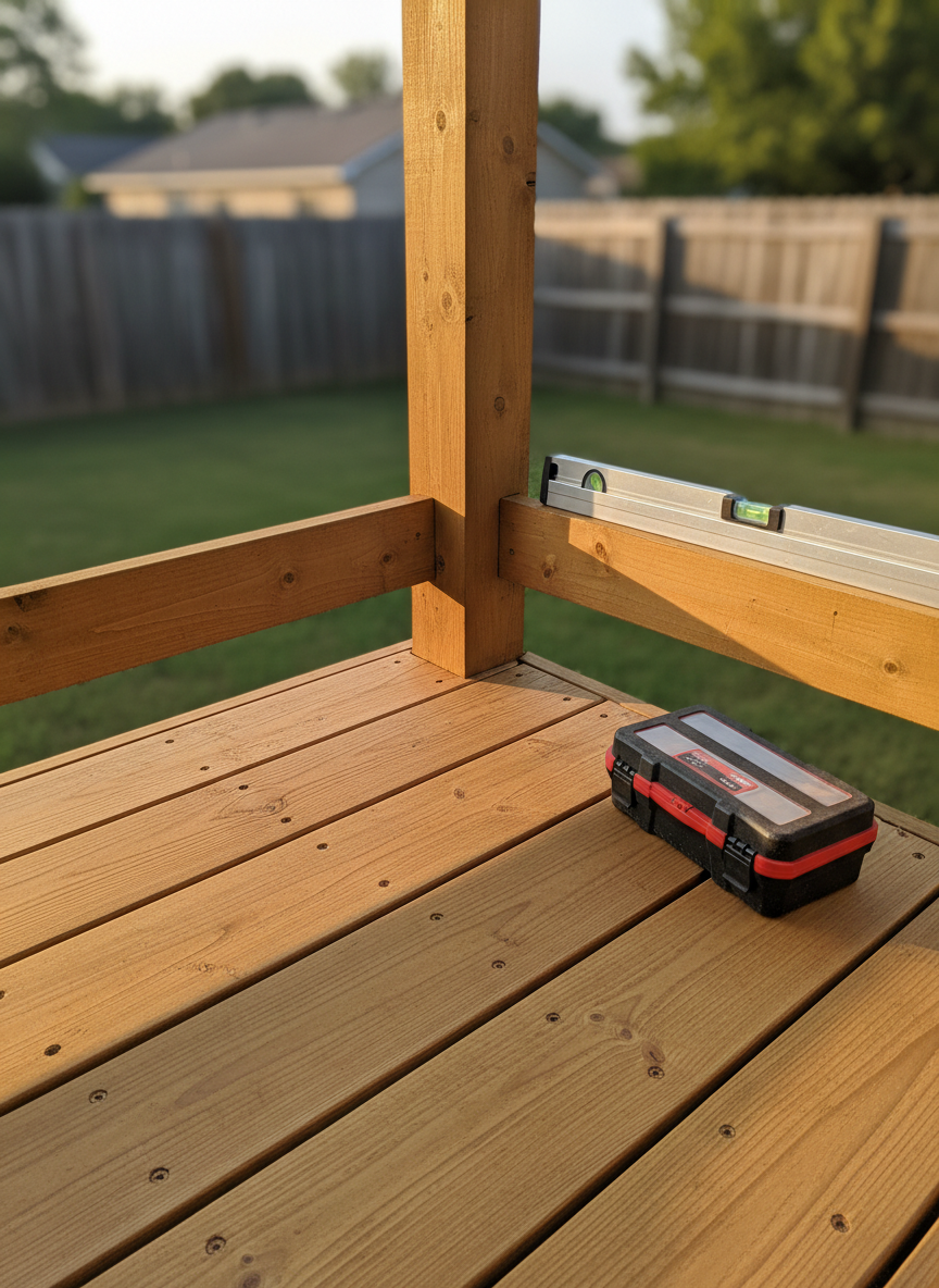 A detailed photographic realism image of a neatly repaired exterior deck corner, featuring solid, newly replaced pressure-treated boards with cleanly countersunk screws, perfectly aligned rail posts, and freshly stained wood in a warm, natural tone. A level rests atop the rail, and a closed, compact toolbox sits nearby on the decking. Soft, golden-hour sunlight washes across the scene, emphasizing the wood grain and creating long, gentle shadows between the boards. The background includes a subtly blurred view of a tidy backyard lawn and fence. Captured from a low, diagonal angle for depth, the composition draws the eye along the deck boards toward the secure railing. The mood is sturdy, dependable, and inviting, ideal for showcasing outdoor home technician expert repair work.