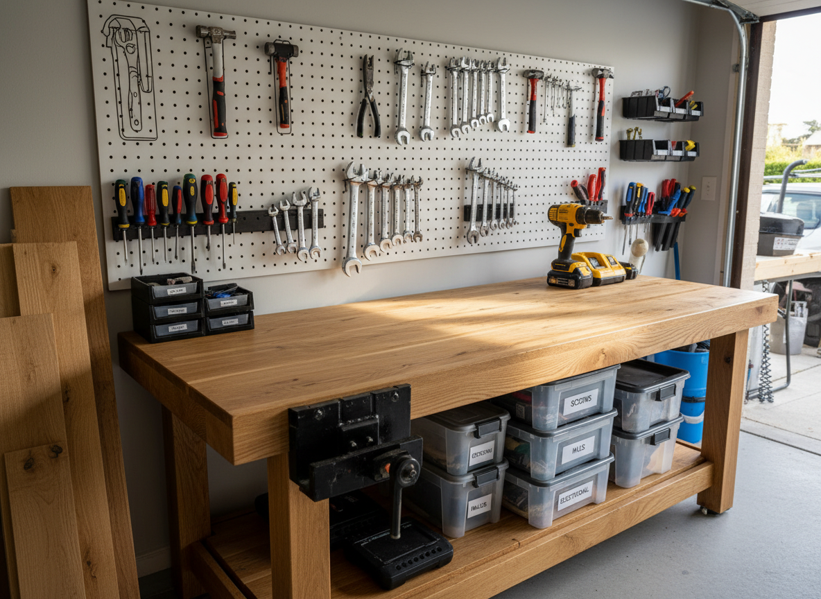 A sturdy, well-organized home technician expert workbench showcased in photographic realism, featuring neatly arranged tools: gleaming chrome wrenches, a bright yellow cordless drill, labeled storage bins, and fresh lumber stacked along one side. The bench stands against a clean, light-gray garage wall with pegboard backing and clearly outlined tool silhouettes. Soft, diffused daylight enters from an unseen side window, casting gentle, professional-looking shadows and subtle reflections on metal surfaces. Captured at eye level with a slightly wide angle, the composition follows the rule of thirds, keeping the workspace central while allowing depth into the tidy garage background. The mood is reliable, efficient, and trustworthy, conveying a professional home repair company ready for any task.