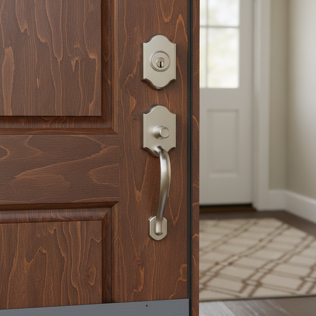 A close-up photographic realism shot of a solid wood front door freshly repaired and refinished, its rich grain and satin finish glowing under soft, late-afternoon natural light. The door features a precisely aligned brushed-nickel deadbolt and handle set, newly installed weatherstripping along the frame, and a perfectly seated door sweep at the bottom. The background shows a tidy, well-maintained entryway with a clean welcome mat and neatly painted trim, gently blurred to keep focus on the workmanship. Shot at a slight angle from waist height, the composition emphasizes sharp details in the hardware and edges of the door. The mood is secure, welcoming, and professional, demonstrating reliable home repair that enhances curb appeal.