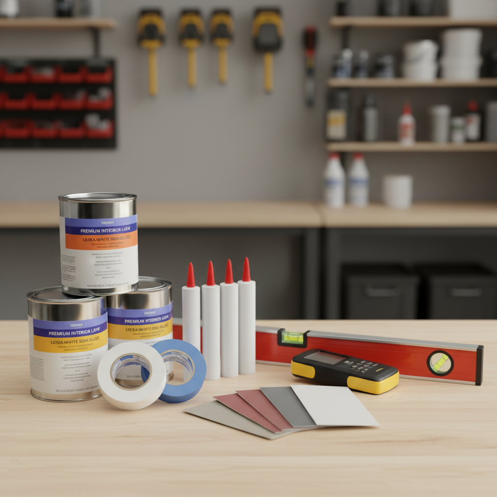 An organized assortment of home technician expert repair materials displayed in photographic realism on a clean, light-colored work surface: stacked paint cans with crisp labels facing outward, new rolls of painter’s tape, aligned caulk tubes, a digital stud finder, pristine sandpaper sheets, and a bright red level placed diagonally for visual interest. A neutral workshop wall and softly blurred shelving form the background. Overhead LED lighting casts even, shadow-softened illumination, creating subtle highlights on metallic and plastic surfaces without harsh glare. Captured from a slightly elevated angle with sharp focus across the frame, the arrangement feels methodical and intentional. The mood is calm, professional, and ready-for-service, ideal for illustrating the thorough preparation and quality materials used by a home repair specialist.