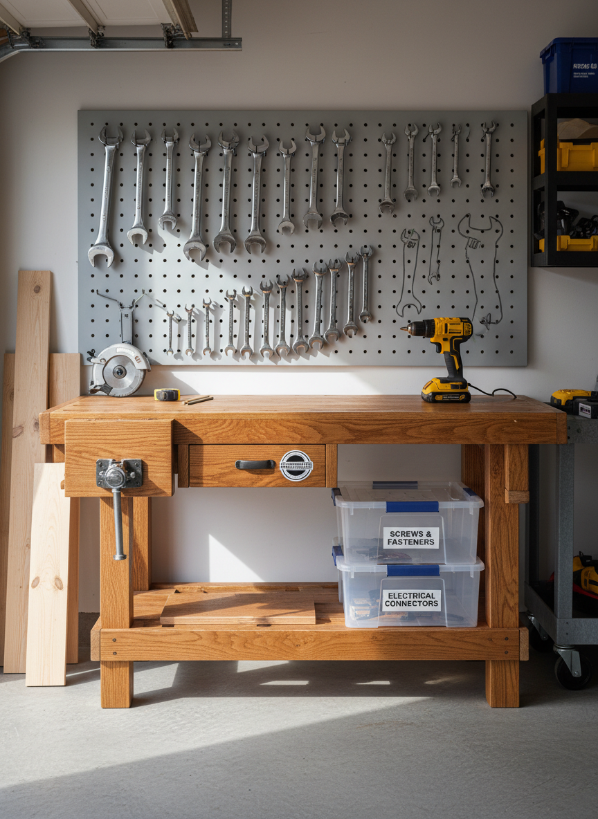 A sturdy, well-organized home technician expert workbench showcased in photographic realism, featuring neatly arranged tools: gleaming chrome wrenches, a bright yellow cordless drill, labeled storage bins, and fresh lumber stacked along one side. The bench stands against a clean, light-gray garage wall with pegboard backing and clearly outlined tool silhouettes. Soft, diffused daylight enters from an unseen side window, casting gentle, professional-looking shadows and subtle reflections on metal surfaces. Captured at eye level with a slightly wide angle, the composition follows the rule of thirds, keeping the workspace central while allowing depth into the tidy garage background. The mood is reliable, efficient, and trustworthy, conveying a professional home repair company ready for any task.