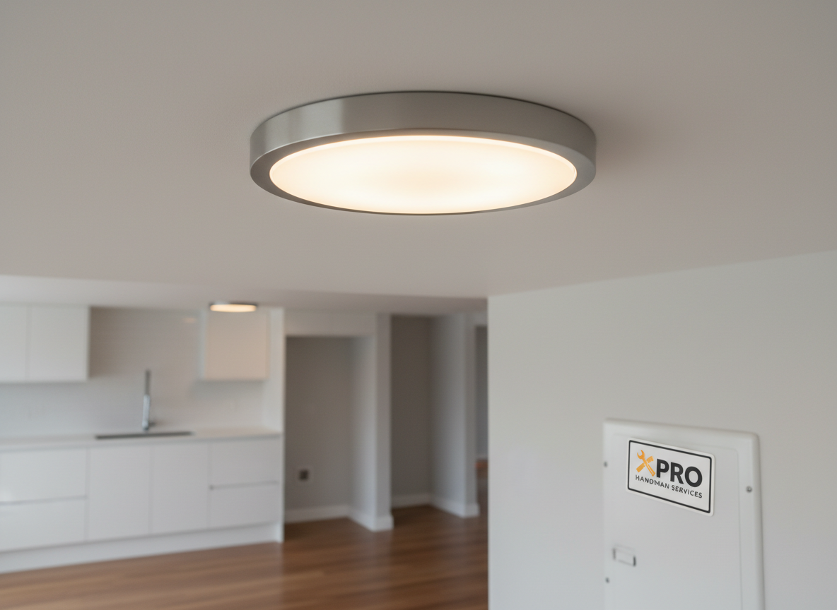 A clean, modern close-up of a new ceiling light fixture in a freshly renovated home interior, bright and inviting, matching a professional home technician expert services style