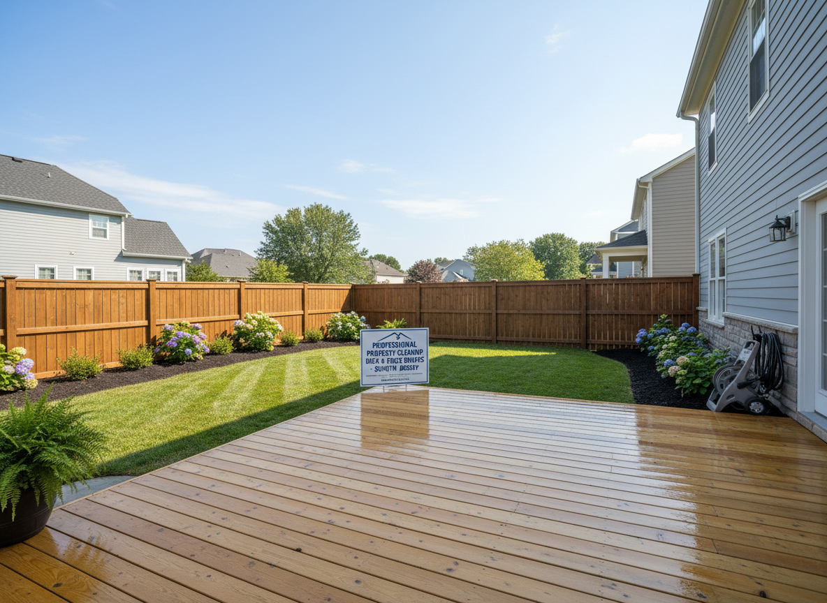 A bright, clean outdoor backyard featuring a freshly cleaned wooden deck and a neat fence, with tidy landscaping, representing professional property cleanup, deck, and fence services in a suburban South Jersey home.